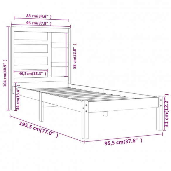 Cadre de lit Noir Bois massif 90x190 cm Simple