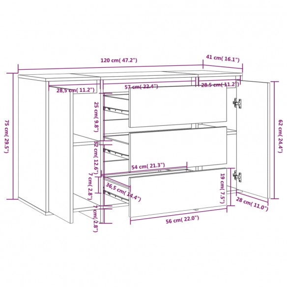 Buffet avec 3 tiroirs Blanc brillant 120x41x75 cm Aggloméré