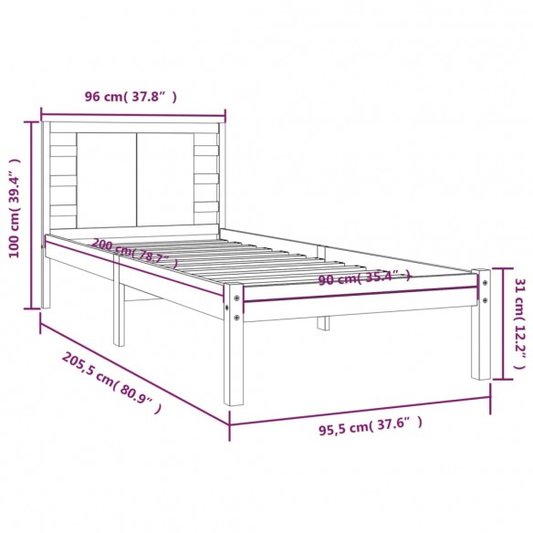 Cadre de lit Blanc Bois de pin massif 90x200 cm