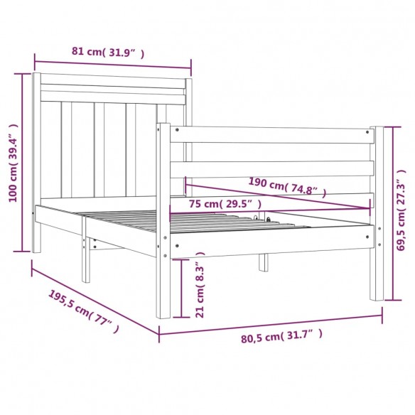 Cadre de lit bois massif 75x190 cm petit simple