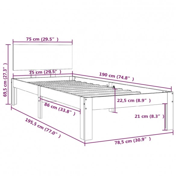 Cadre de lit bois massif 75x190 cm petit simple