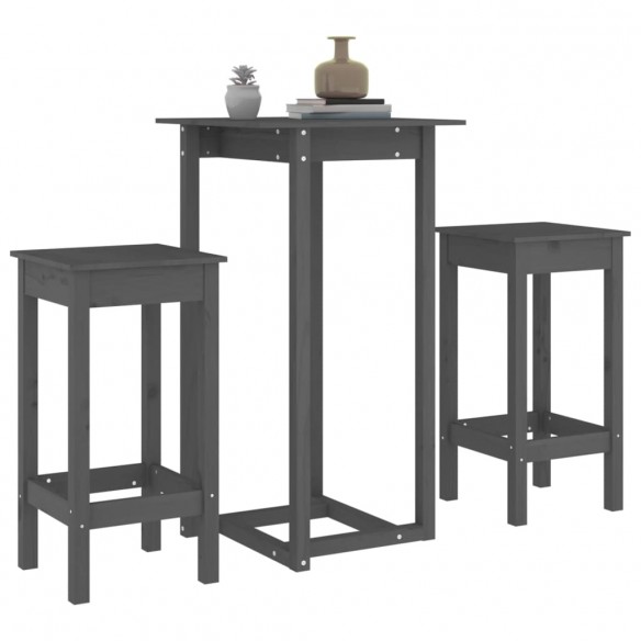 Ensemble de bar 3 pcs Gris Bois de pin massif