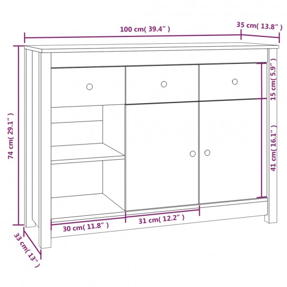 Buffet Blanc 100x35x74 cm Bois massif de pin