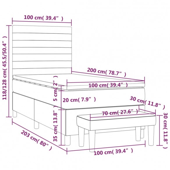 Cadre de lit avec matelas Gris clair 100x200cm Tissu