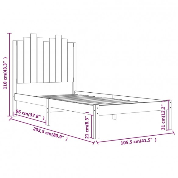 Cadre de lit Gris Bois de pin massif 100x200 cm