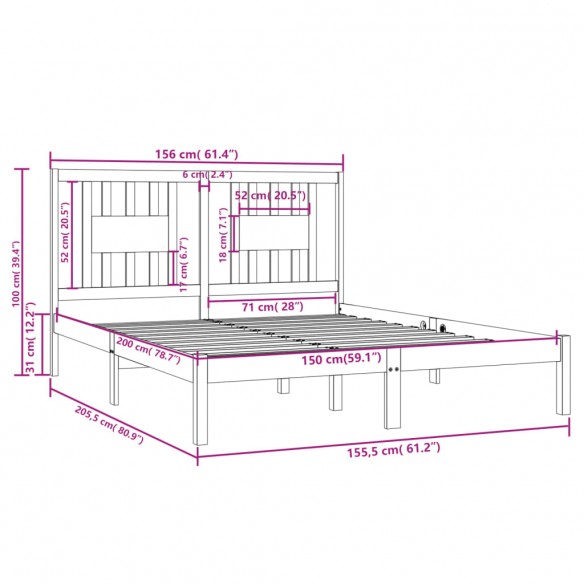 Cadre de lit Noir Bois massif 150x200 cm Très grand