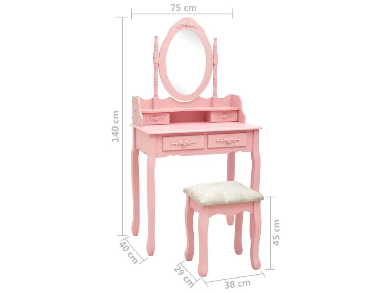 Ensemble de coiffeuse avec tabouret Rose 75x69x140 cm Paulownia