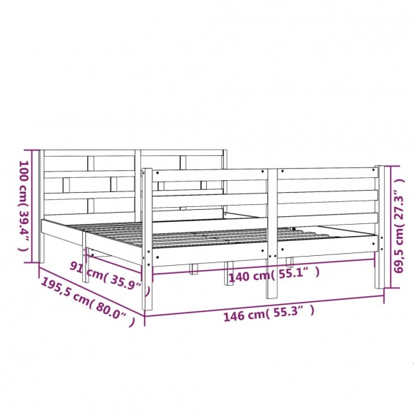 Cadre de lit Blanc Bois massif 140x190 cm