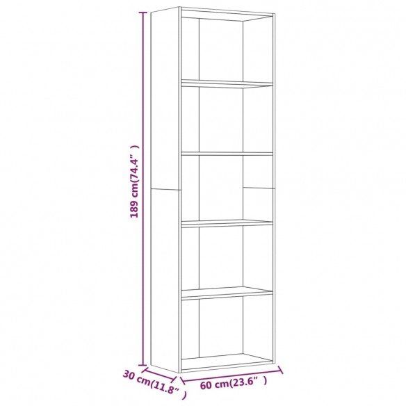 Bibliothèque 5 niveaux Chêne fumé 60x30x189cm Bois d'ingénierie
