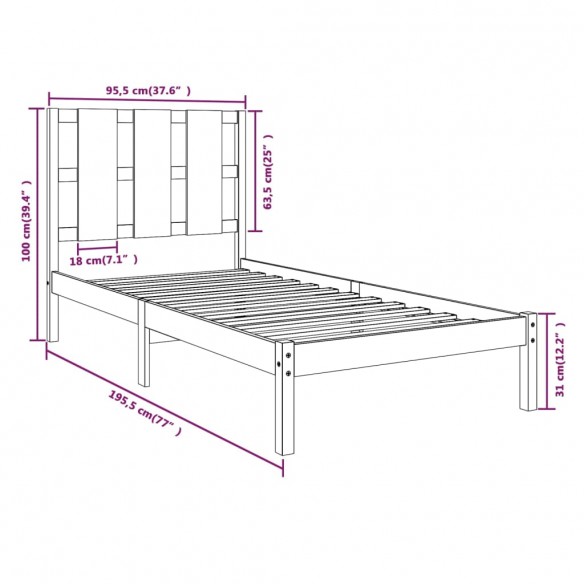 Cadre de lit bois massif 90x190 cm simple