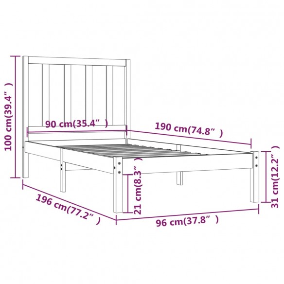 Cadre de lit bois de pin massif 90x190 cm simple