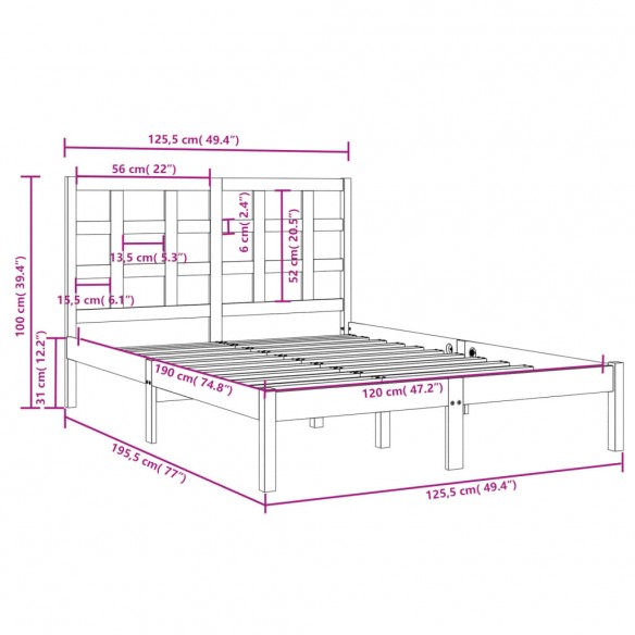 Cadre de lit Blanc Bois massif 120x190 cm Petit Double