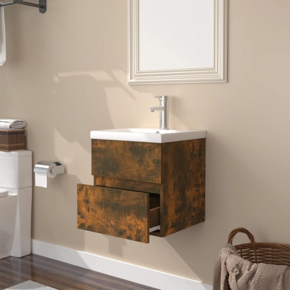 Meuble lavabo avec bassin intégré Chêne fumé Bois d'ingénierie