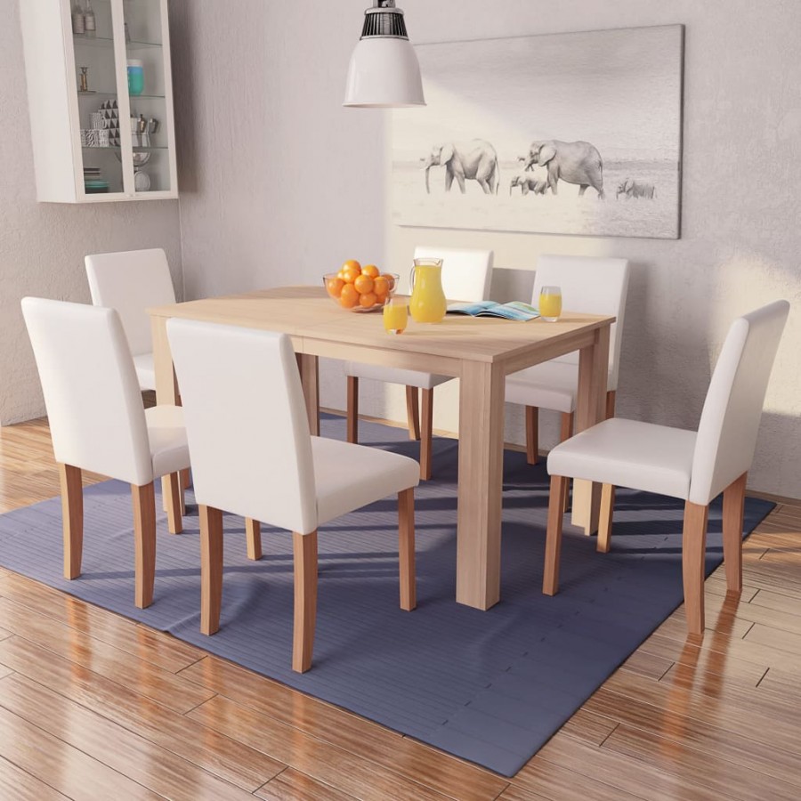 Table et chaises 7 pcs Cuir synthétique Chêne Couleur crème