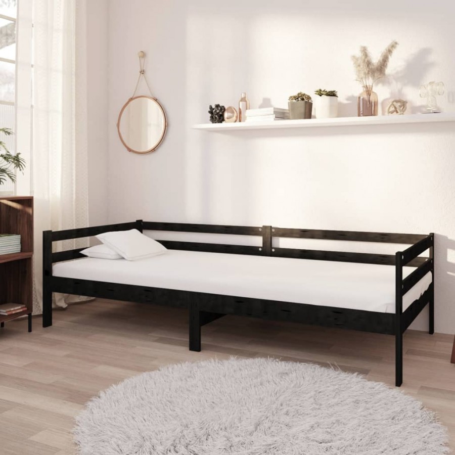 Lit de repos avec matelas 90x200 cm Noir Bois de pin massif