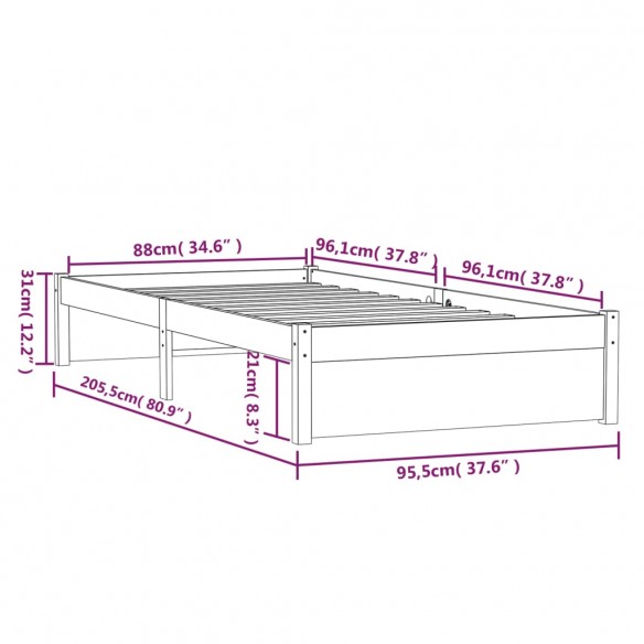 Cadre de lit Gris Bois massif 90x200 cm