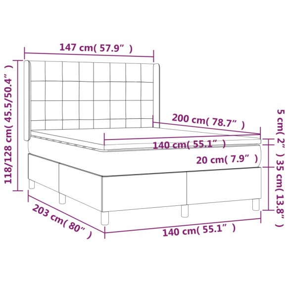 Cadre de lit matelas et LED Gris clair 140x200 cm