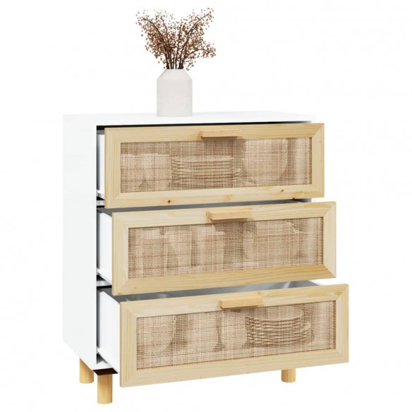 Buffet Blanc 60x30x70 cm Bois de pin massif et rotin naturel