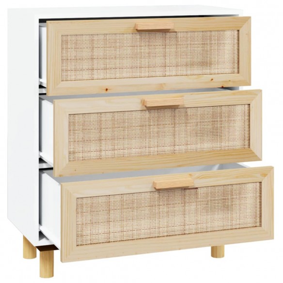 Buffet Blanc 60x30x70 cm Bois de pin massif et rotin naturel