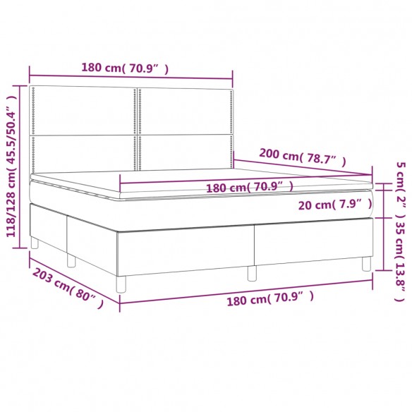 Cadre de lit matelas et LED Gris clair 180x200 cm