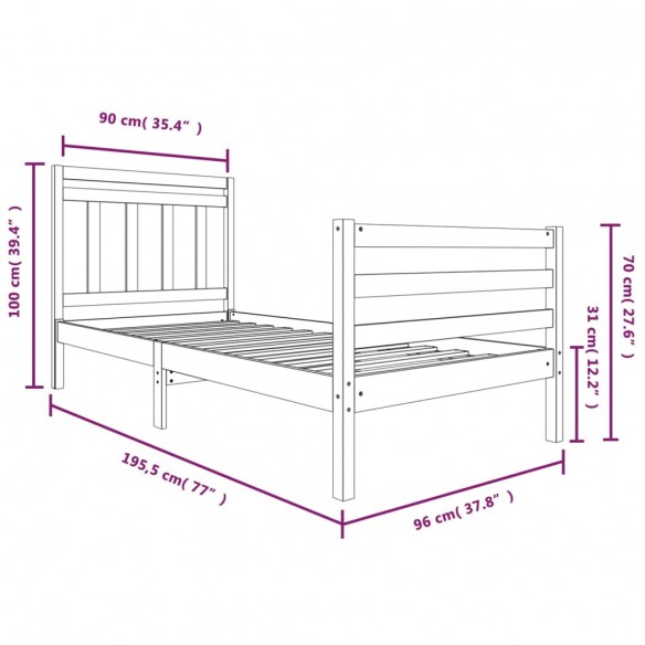 Cadre de lit Blanc Bois massif 90x190 cm Simple