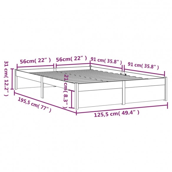 Cadre de lit Marron miel Bois massif 120x190 cm Petit Double