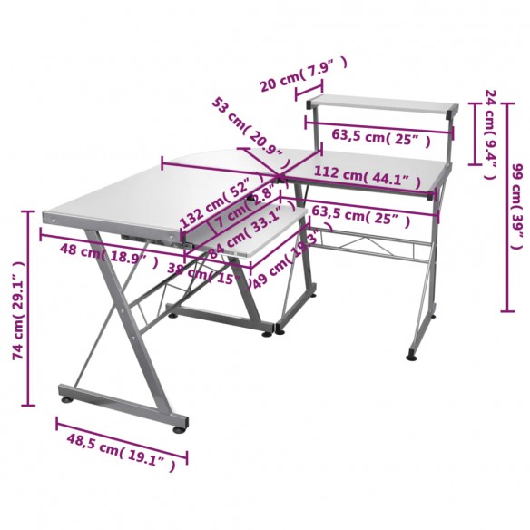 Bureau d'ordinateur d'angle Blanc 132x112x99 cm Bois ingénierie