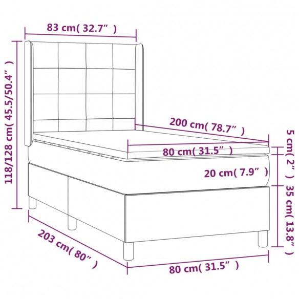 Cadre de lit et matelas Gris foncé 80x200 cm Velours