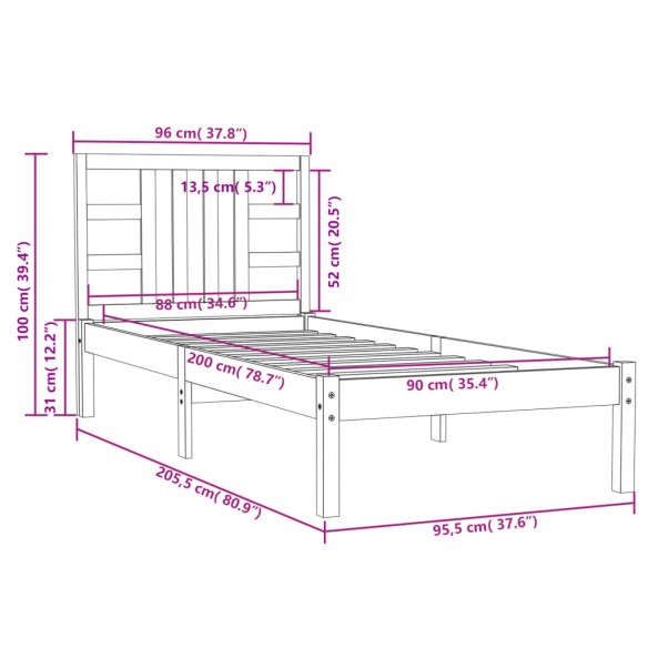 Cadre de lit Blanc Bois massif 90x200 cm