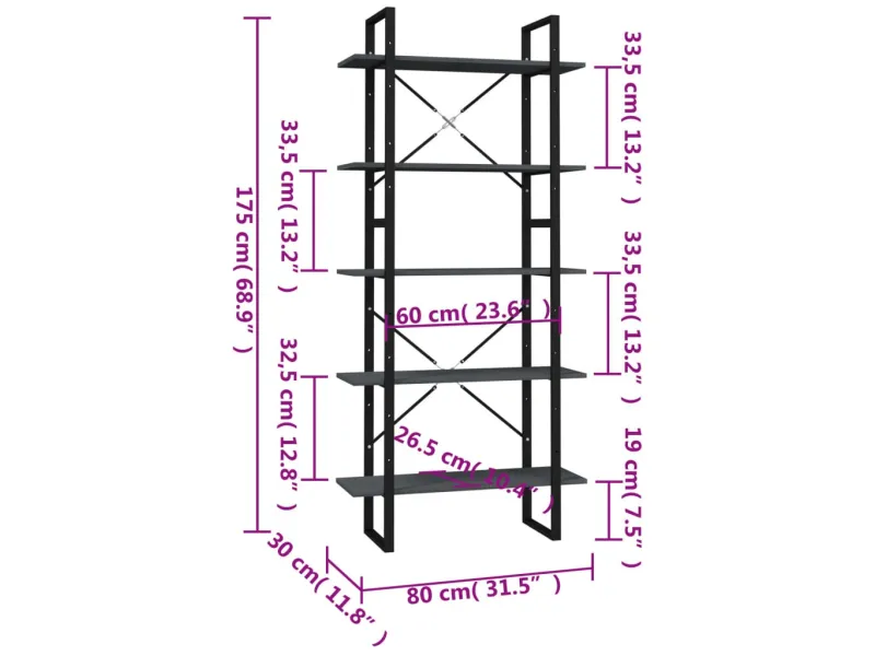 Bibliothèque à 5 niveaux Gris 80x30x175 cm Bois de pin