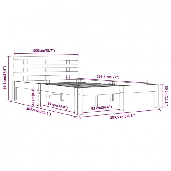 Cadre de lit Blanc Bois massif 200x200 cm