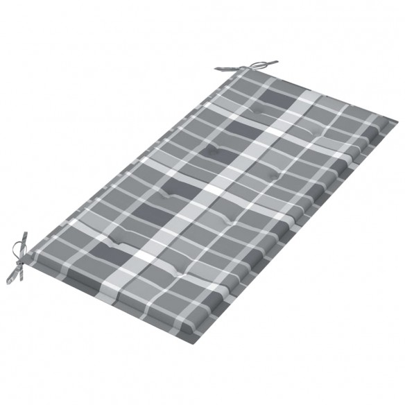 Banc de jardin avec coussin à carreaux gris 112 cm Teck massif