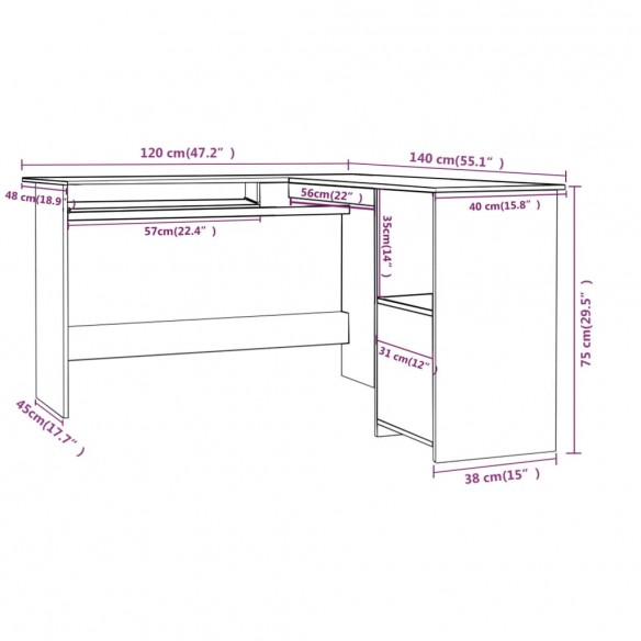 Bureau d'angle en forme de L Gris Béton 120x140x75 cm Aggloméré