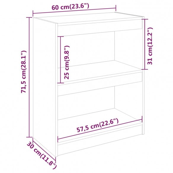 Bibliothèque/Cloison Gris 60x30x71,5 cm Bois solide de pin