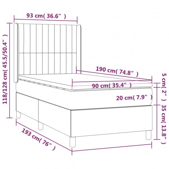 Cadre de lit et matelas Gris foncé 90x190 cm Tissu