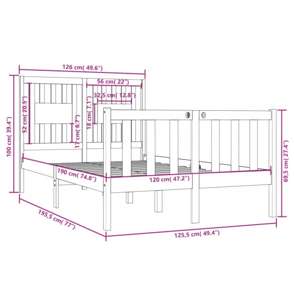 Cadre de lit Noir Bois massif 120x190 cm Petit Double