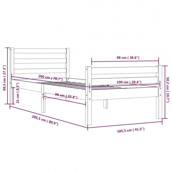 Cadre de lit Blanc Bois massif 100x200 cm