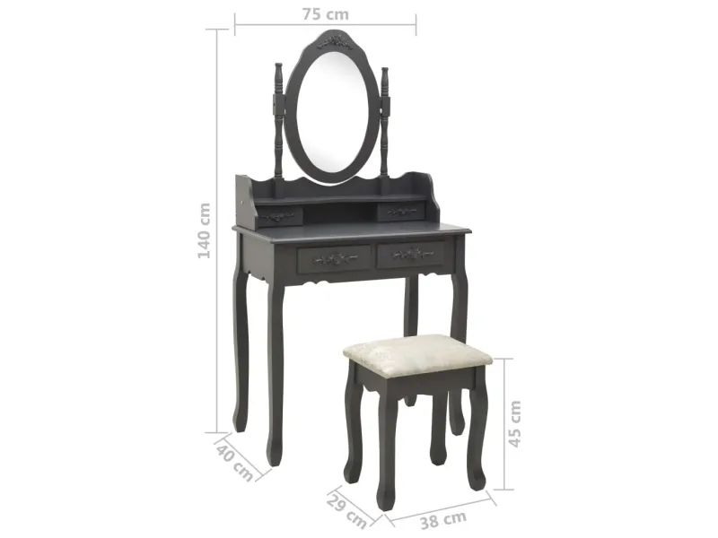 Ensemble de coiffeuse avec tabouret Gris 75x69x140 cm Paulownia
