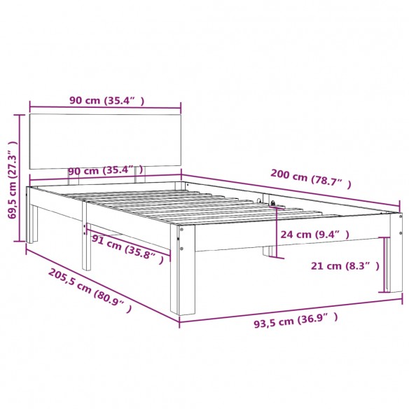 Cadre de lit Blanc Bois de pin massif 90x200 cm