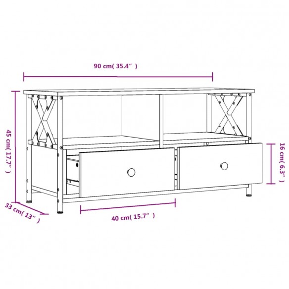 Meuble TV chêne fumé 90x33x45 cm bois d'ingénierie et fer