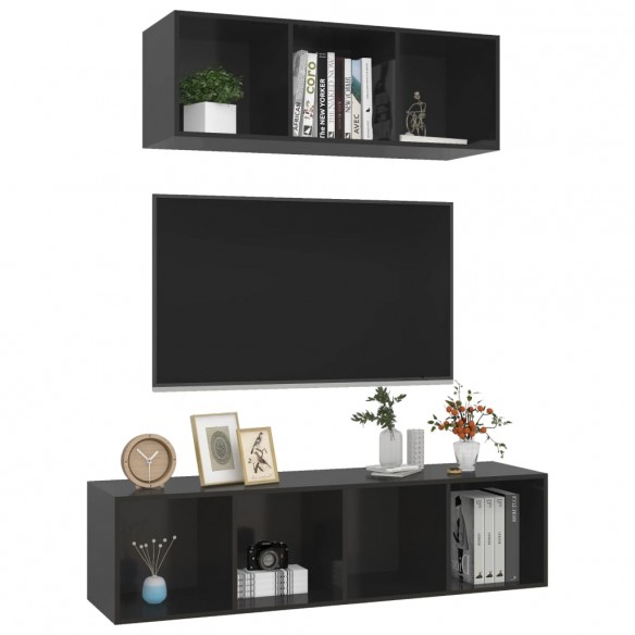 Ensemble de meuble TV 2 pcs Noir brillant Aggloméré