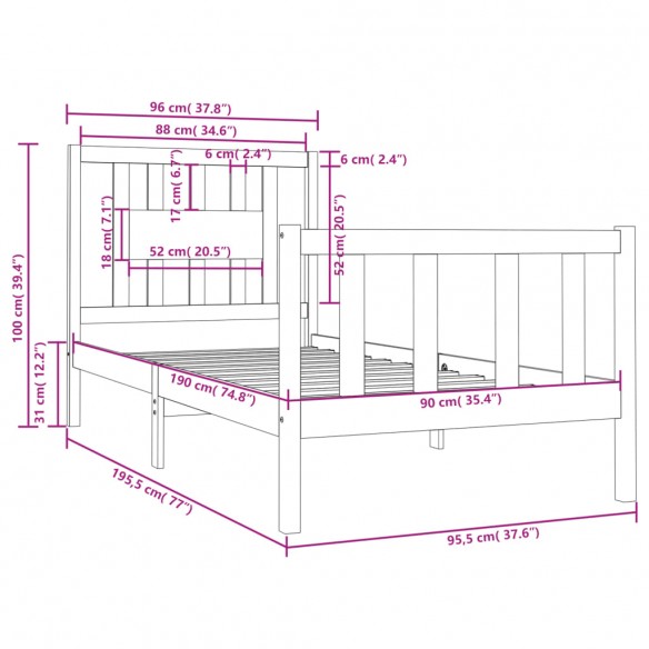 Cadre de lit bois massif 90x190 cm simple