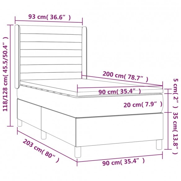 Cadre de lit et matelas et LED Gris foncé 90x200cm