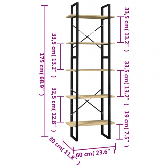 Bibliothèque à 5 niveaux 60x30x175 cm Bois de pin