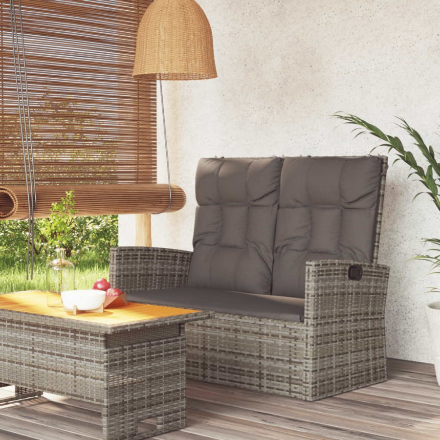 Banc de jardin inclinable et coussins gris 118cm résine tressée