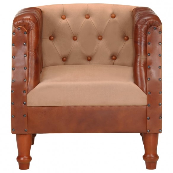 Fauteuil Marron Cuir véritable et bois de manguier massif