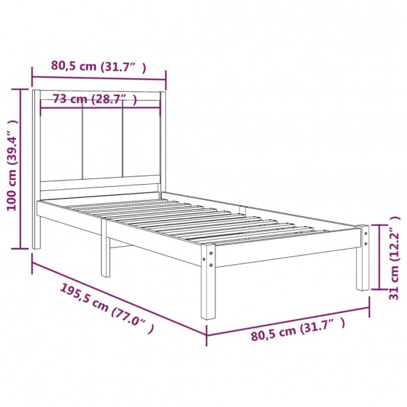 Cadre de lit Noir Bois de pin massif 75x190 cm Petit simple