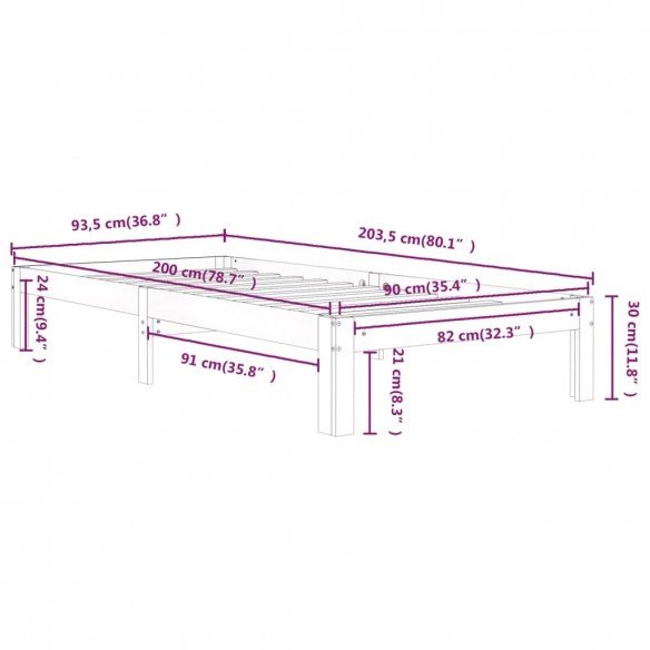 Cadre de lit Blanc Bois de pin massif 90x200 cm