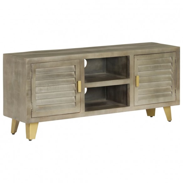 Meuble TV Bois solide de manguier Gris avec laiton 110x30x48 cm