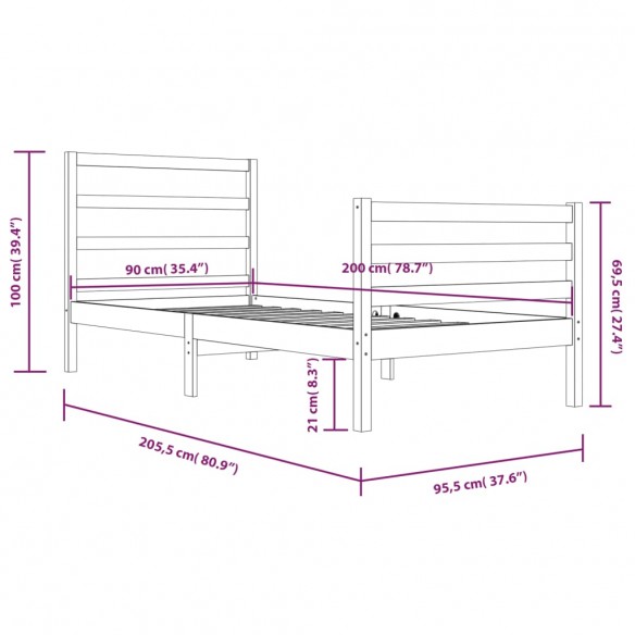 Cadre de lit Marron miel Bois de pin massif 90x200 cm